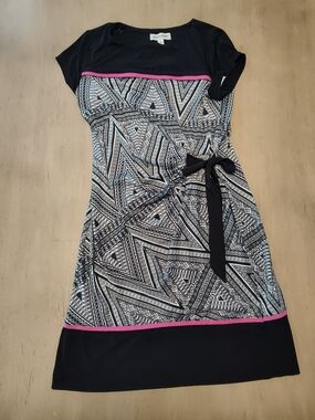 Shelby & Palmer Black, White & Pink Geometric Midi Dress